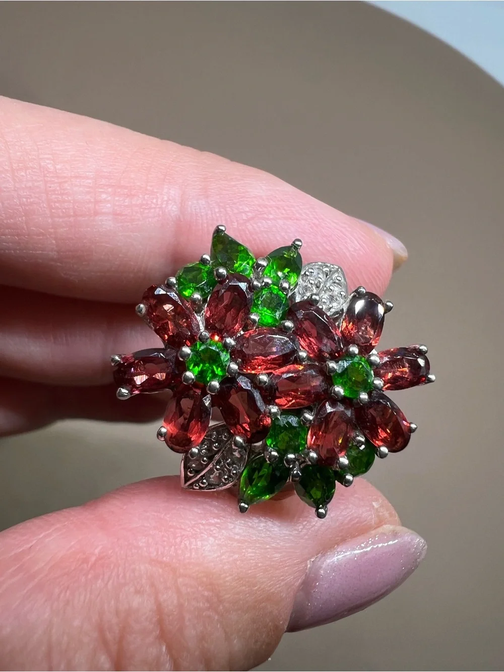 Floral Cluster Ring with Red and Green Gemstones in Sterling Silver